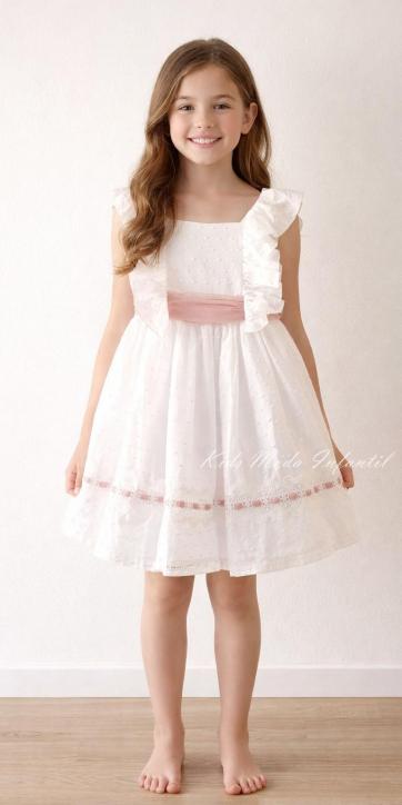 Vestido ceremonia niña plumeti blanco y tul rosa empolvado Basmarti 25131