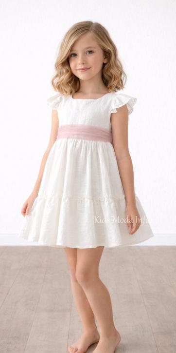 Vestido ceremonia niña beige claro manga corta volante con fajín tul rosa empolvado Basmarti | Kids Moda Infantil [0]