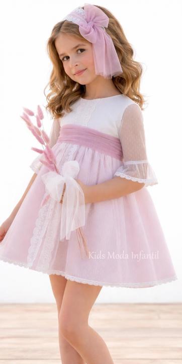 Vestido Ceremonia y Arras Niña Rosa Empolvado Tul Plumeti y Encaje 401211 – Eva Martínez Artesanía | Kids Moda Infantil