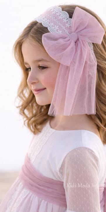 Vestido Ceremonia y Arras Niña Rosa Empolvado Tul Plumeti y Encaje 401211 – Eva Martínez Artesanía | Kids Moda Infantil [2]