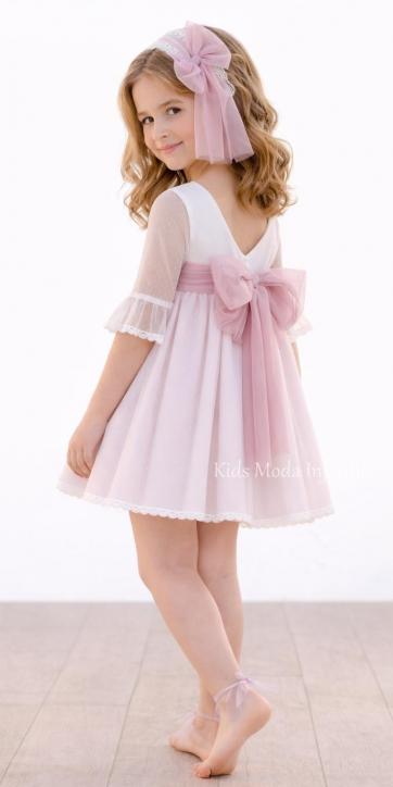 Vestido Ceremonia y Arras Niña Rosa Empolvado Tul Plumeti y Encaje 401211 – Eva Martínez Artesanía | Kids Moda Infantil [5]