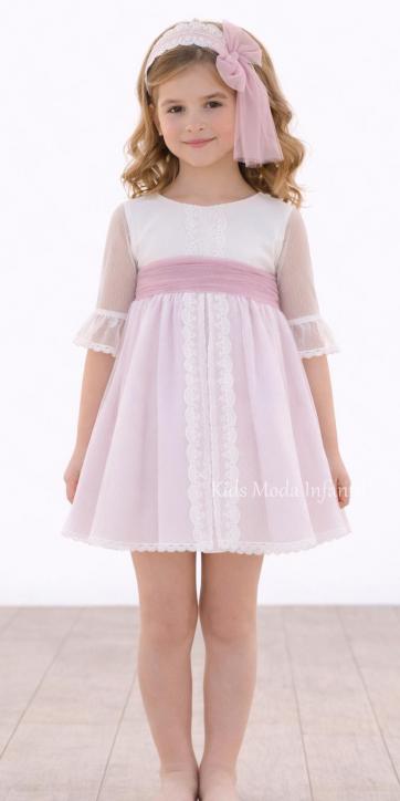 Vestido Ceremonia y Arras Niña Rosa Empolvado Tul Plumeti y Encaje 401211 – Eva Martínez Artesanía | Kids Moda Infantil [4]