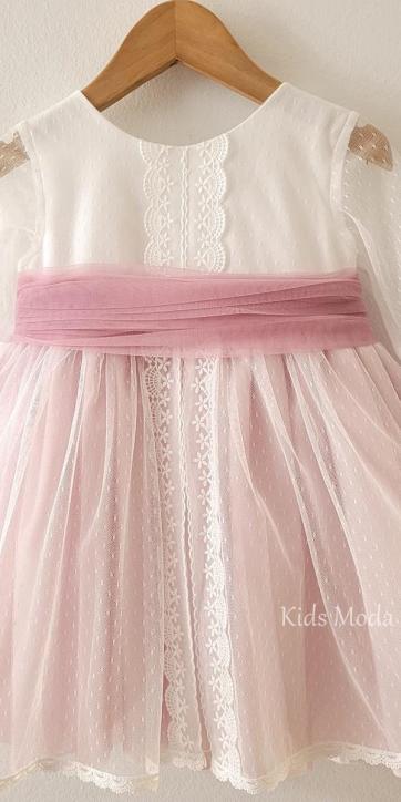 Vestido Ceremonia y Arras Niña Rosa Empolvado Tul Plumeti y Encaje 401211 – Eva Martínez Artesanía | Kids Moda Infantil [1]