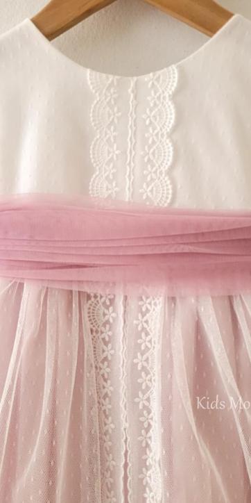 Vestido Ceremonia y Arras Niña Rosa Empolvado Tul Plumeti y Encaje 401211 – Eva Martínez Artesanía | Kids Moda Infantil [6]