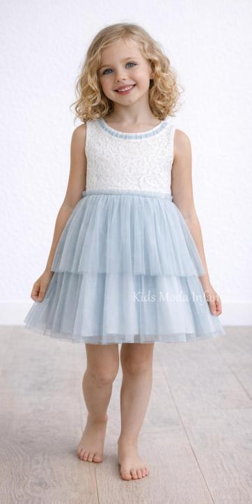 Vestido ceremonia niña encaje blanco y tul azul empolvado Basmarti [0]