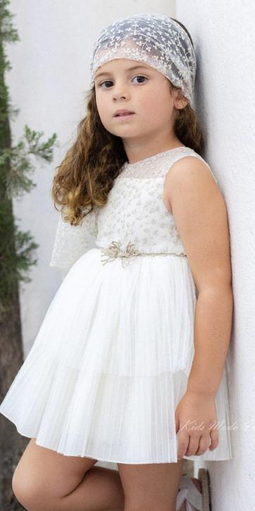 Vestido ceremonia niña tul plisado beige con bordados dorados Basmarti 25152