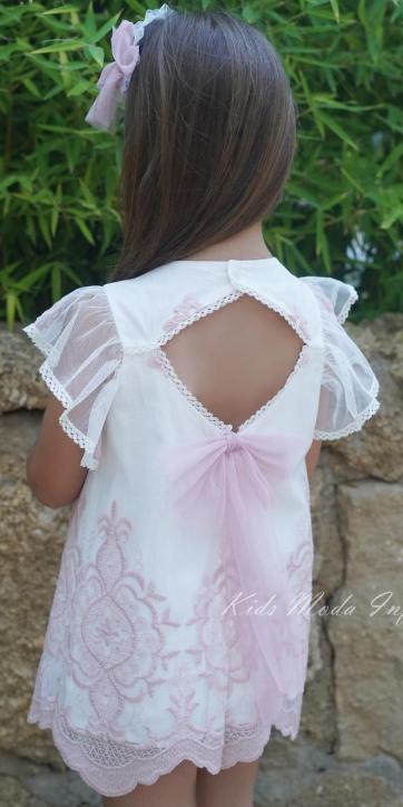 Vestido ceremonia niña evase en tul bordado rosa empolvado Dbb Collection [1]