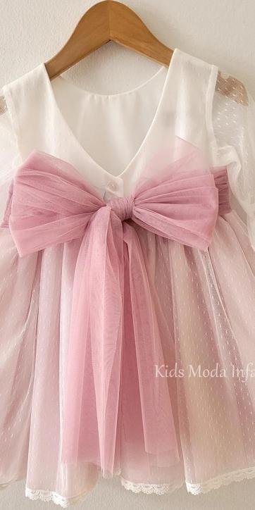 Vestido Ceremonia y Arras Niña Rosa Empolvado Tul Plumeti y Encaje 401211 – Eva Martínez Artesanía | Kids Moda Infantil [3]