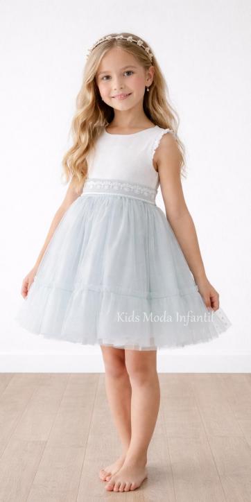 Vestido ceremonia y arras niña blanco roto con tul verde agua Basmarti | Kids Moda Infantil [3]