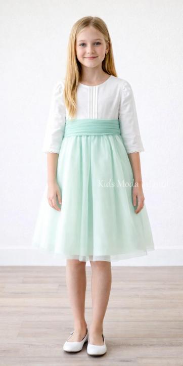 Vestido ceremonia niña media manga de lino y tul verde agua Coco Acqua Ceremonia 60429