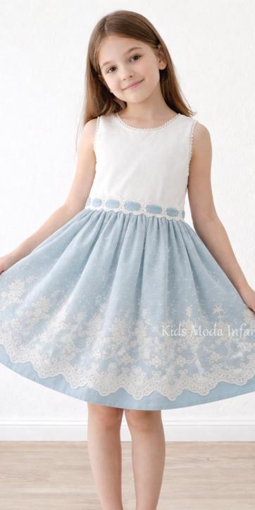 Vestido Ceremonia y Arras Niña Azul Empolvado Tul Bordado Espalda Cruzada – Fabricación Española | Kids Moda Infantil [4]