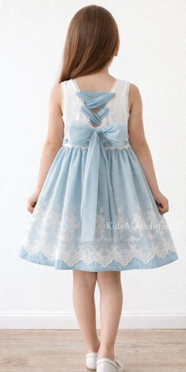 Vestido Ceremonia y Arras Niña Azul Empolvado Tul Bordado Espalda Cruzada – Fabricación Española | Kids Moda Infantil
