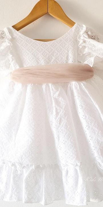Vestido ceremonia niña blanco bordado con fajín tul camel Nekenia 2521802 Personalizable