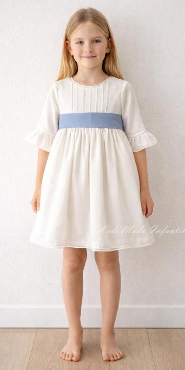 Vestido arras niña rustico con fajín lino azul Eva Martinez Artesanía 40412