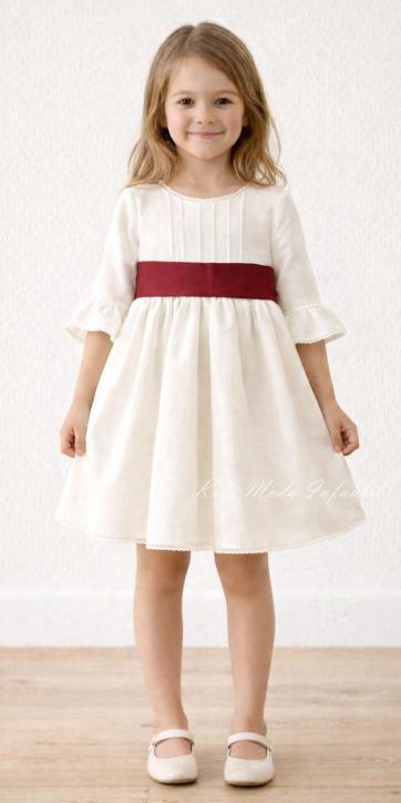 Vestido arras niña rustico con fajín sarga burdeos Eva Martinez Artesanía 40412