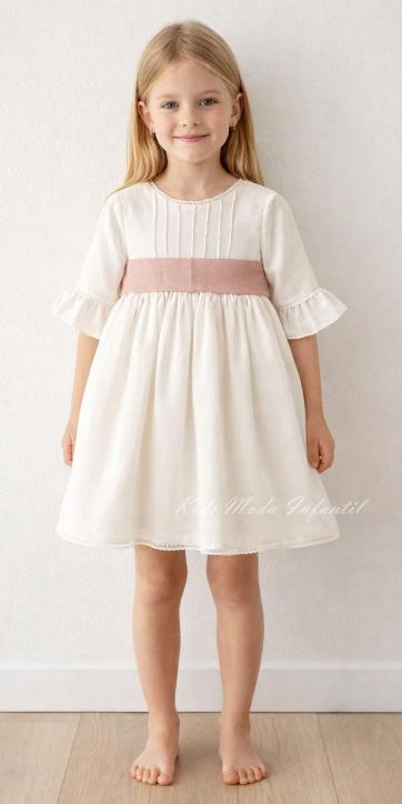 Vestido arras niña rustico con fajín lino rosa empolvado Eva Martinez Artesanía 40412 [4]