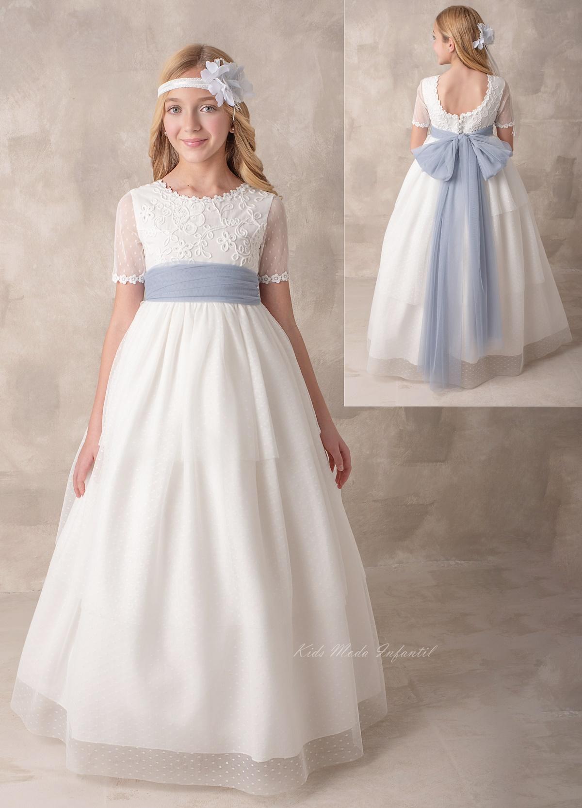 Vestido Comunión Nekenia 2621813 azul empolvado tul blanco roto – Kids Moda Infantil