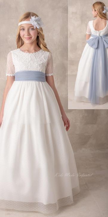 Vestido Comunión Nekenia 2621813 azul empolvado tul blanco roto – Kids Moda Infantil