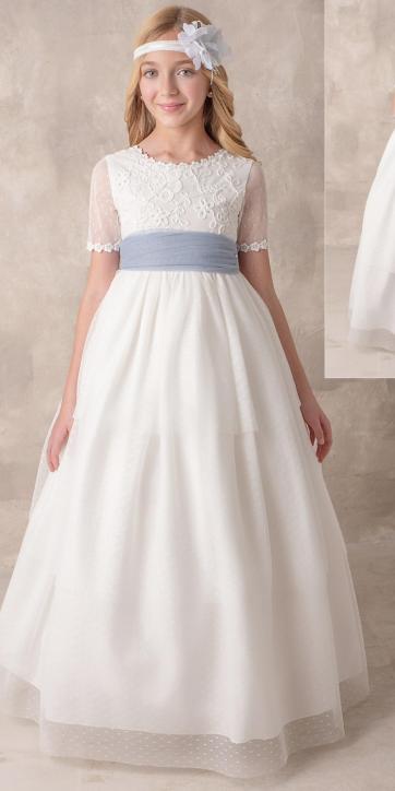 Vestido Comunión Nekenia 2621813 azul empolvado tul blanco roto – Kids Moda Infantil [4]