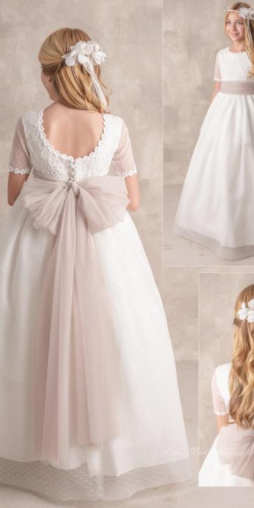 Vestido de Comunión Niña Nekenia 2621813 tul blanco roto con fajín camel y lazo trasero – Kids Moda Infantil [2]