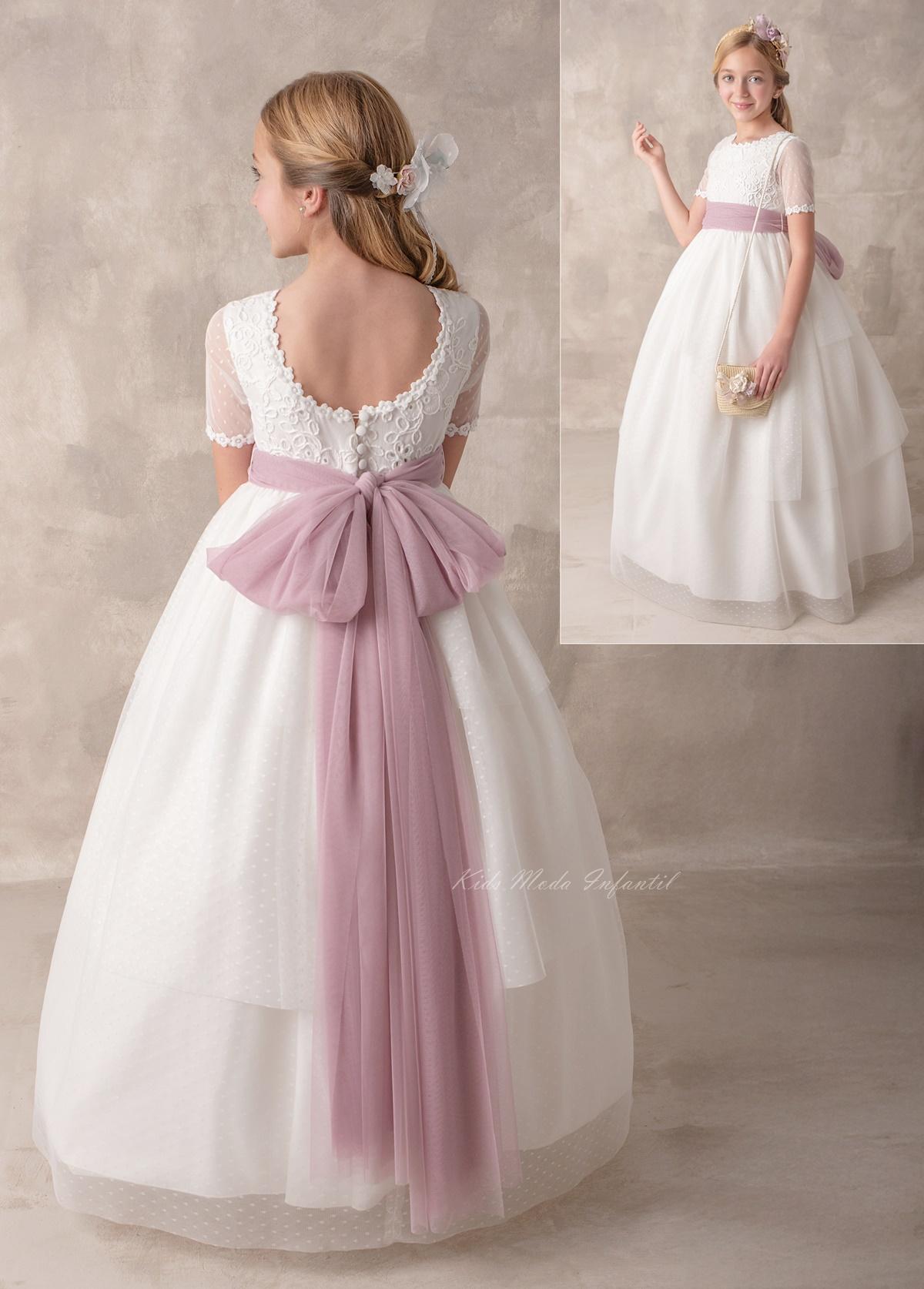 Vestido Comunión Nekenia 2621813 rosa empolvado tul blanco roto – Kids Moda Infantil