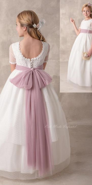 Vestido Comunión Nekenia 2621813 rosa empolvado tul blanco roto – Kids Moda Infantil