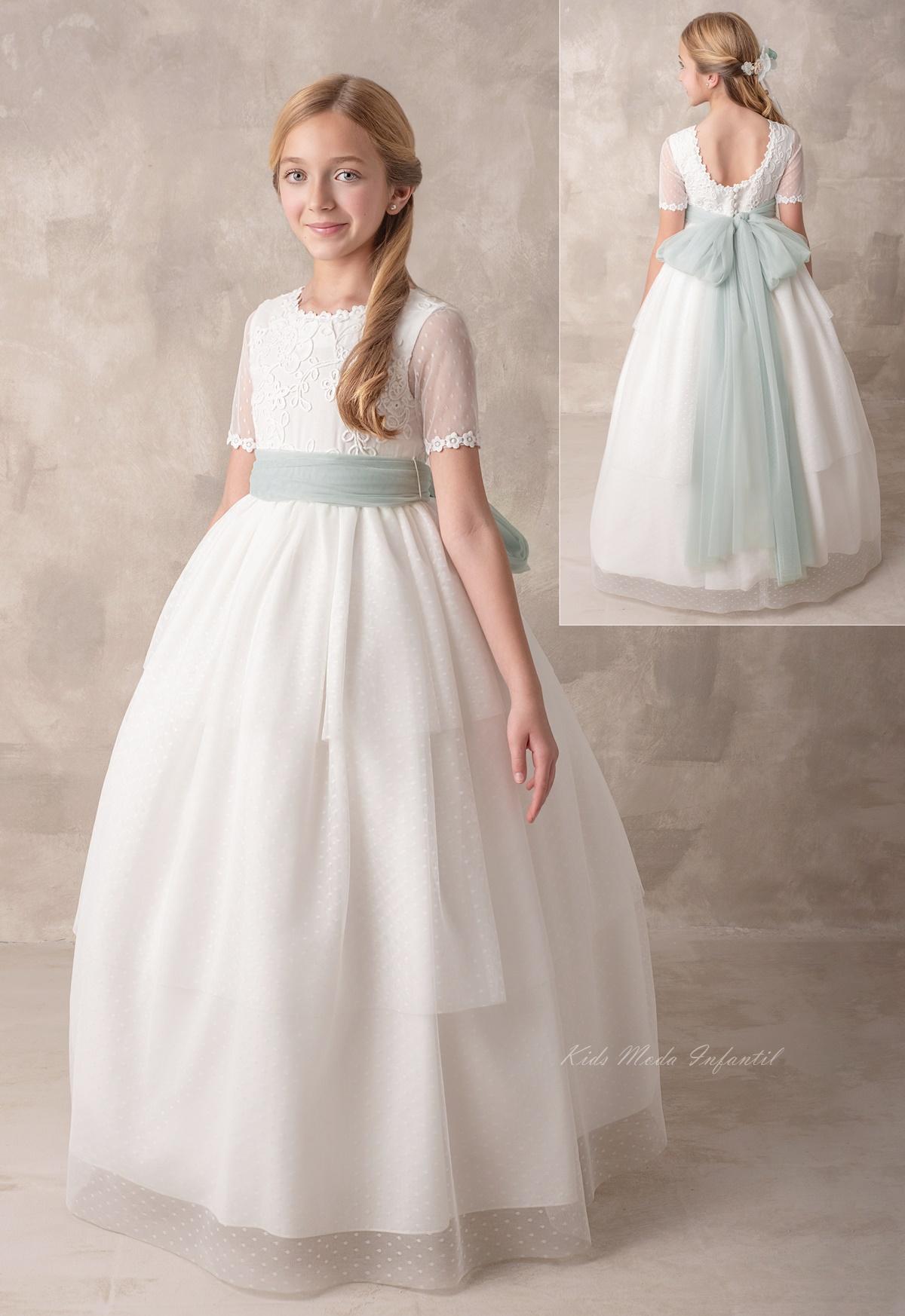 Vestido Comunión Nekenia 2621813 verde agua tul blanco roto – Kids Moda Infantil