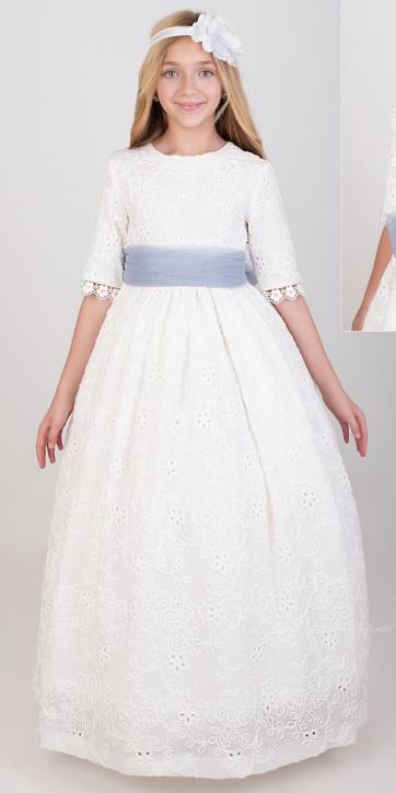 Vestido de Comunión Nekenia 2621814 Blanco con Fajín Azul Empolvado – Colección Comunión 2026 [5]