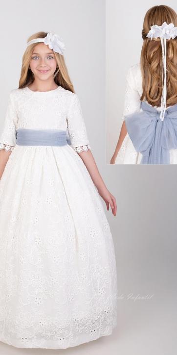 Vestido de Comunión Nekenia 2621814 Blanco con Fajín Azul Empolvado – Colección Comunión 2026 [2]