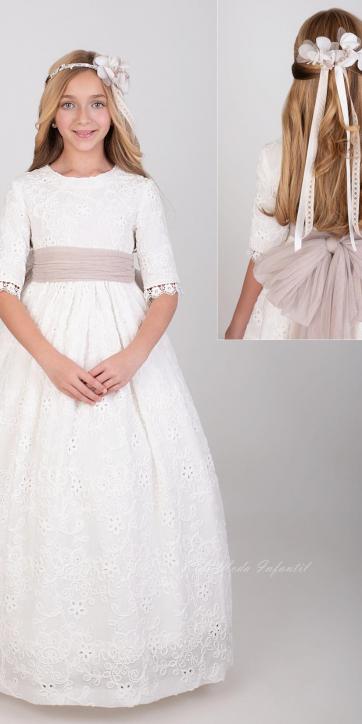 Vestido de Comunión Nekenia 2621814 con Fajín Camel – Colección 2026 [0]