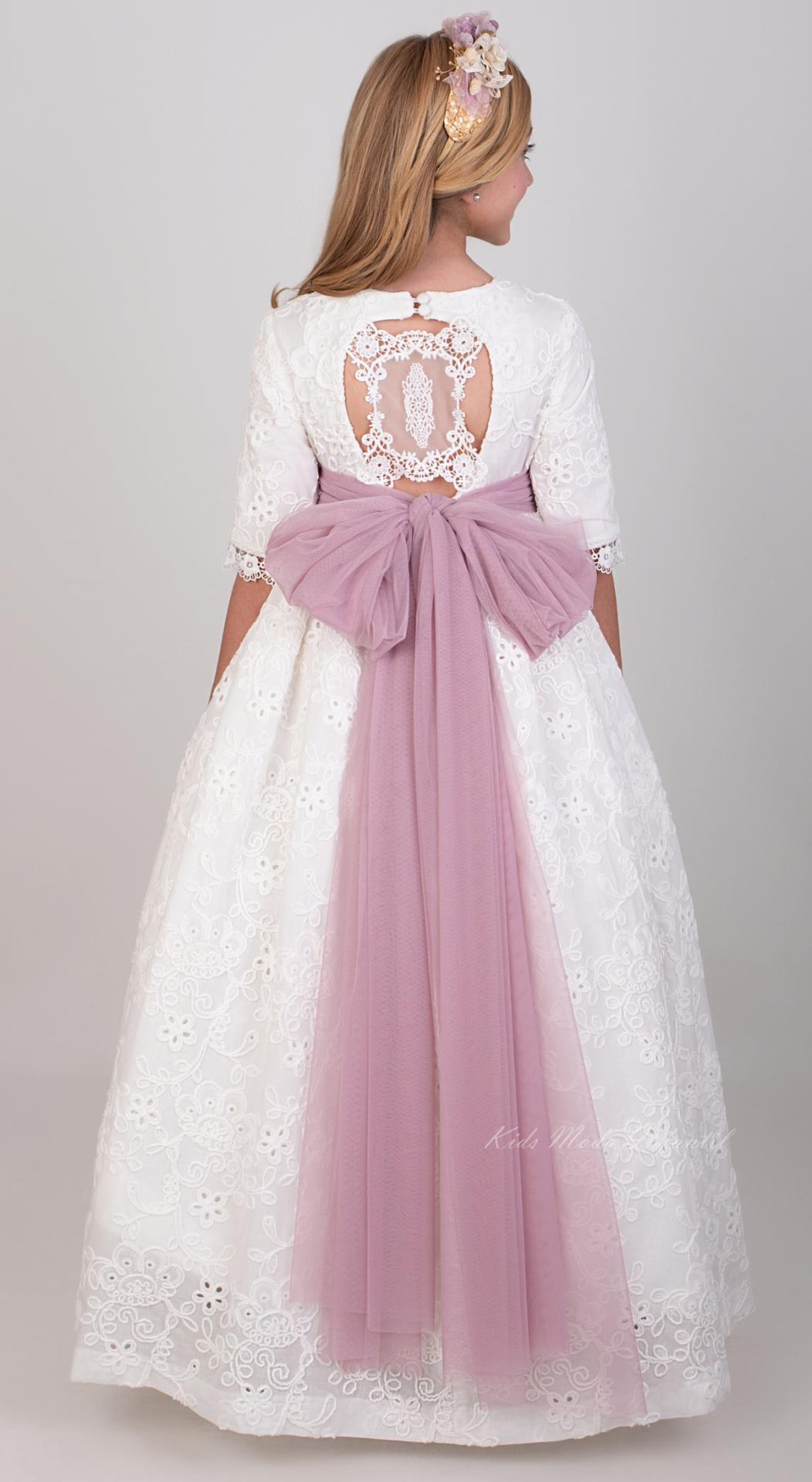 Vestido de Comunión Nekenia 2621814 Blanco con Fajín de Tul Rosa Empolvado – Colección Comunión 2026