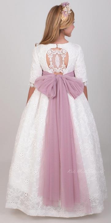 Vestido de Comunión Nekenia 2621814 Blanco con Fajín de Tul Rosa Empolvado – Colección Comunión 2026 [0]