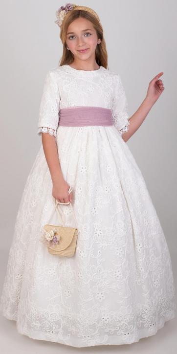 Vestido de Comunión Nekenia 2621814 Blanco con Fajín de Tul Rosa Empolvado – Colección Comunión 2026 [1]