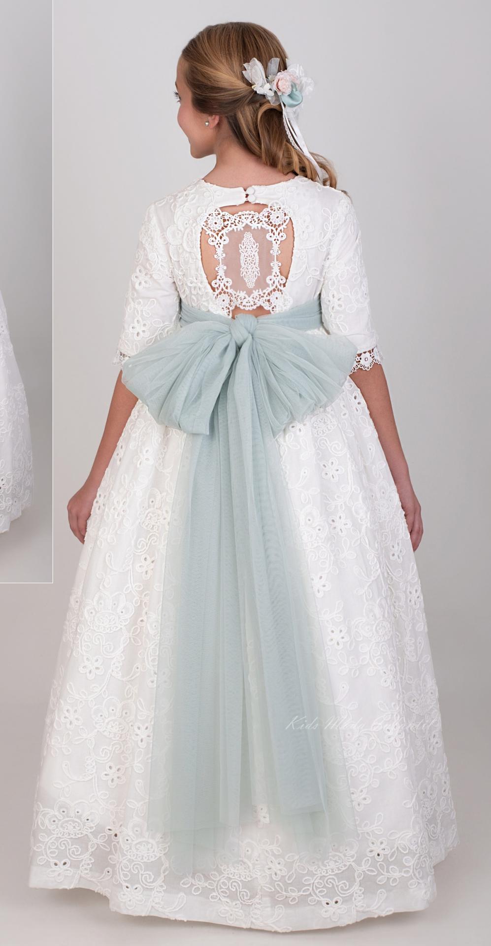 Vestido de Comunión Nekenia 2621814 Blanco con Fajín de Tul Verde Agua – Colección Comunión 2026