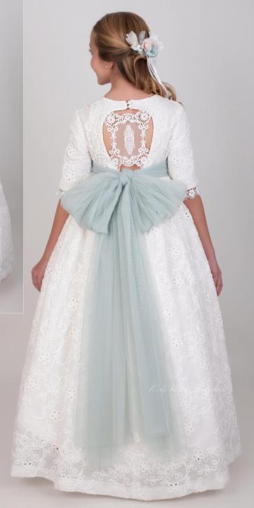 Vestido de Comunión Nekenia 2621814 Blanco con Fajín de Tul Verde Agua – Colección Comunión 2026