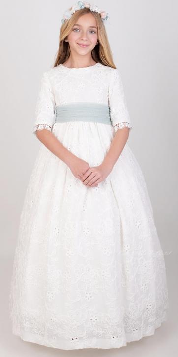 Vestido de Comunión Nekenia 2621814 Blanco con Fajín de Tul Verde Agua – Colección Comunión 2026 [1]