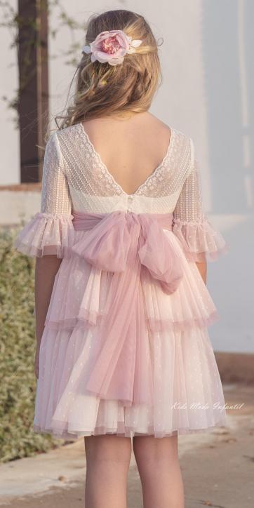 Vestido de Comunión Corto LISA 2026 en Tul Bordado y Rosa Empolvado – Eva Martínez Artesanía