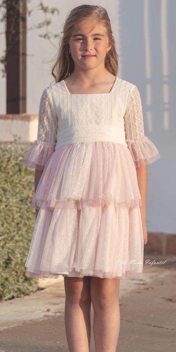 Vestido de Comunión Corto LISA 2026 en Tul Bordado y Rosa Empolvado – Eva Martínez Artesanía [1]