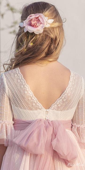 Vestido de Comunión Corto LISA 2026 en Tul Bordado y Rosa Empolvado – Eva Martínez Artesanía [2]