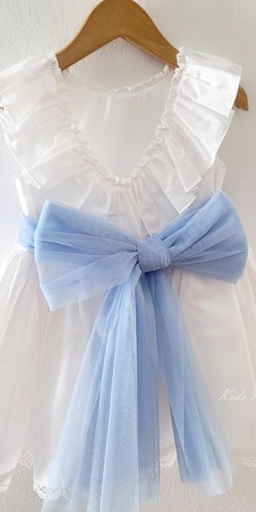 Vestido ceremonia niña blanco con fajín azul de Eva Martínez Artesanía 38312CBG [5]