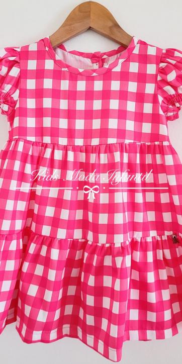 Vestido niña vichy rosa fucsia manga farol Vera Moda Infantil [1]