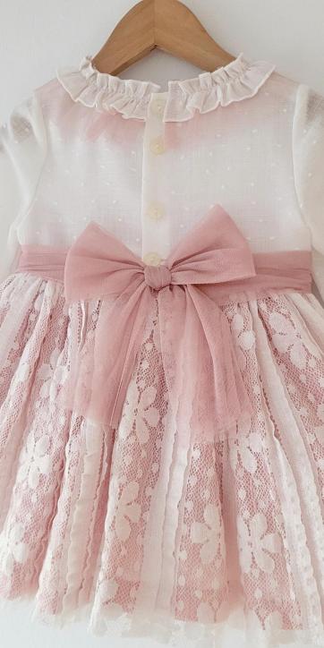 Vestido ceremonia niña media manga blanco con fajín tul rosa empolvado Kids Moda Infantil [1]