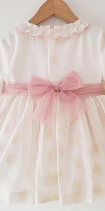 Vestido ceremonia niña media manga blanco con fajín tul rosa empolvado Kids Moda Infantil [4]