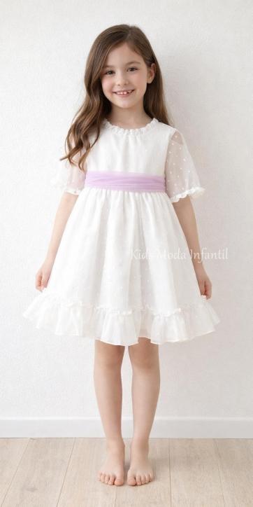 Vestido ceremonia niña plumeti cristal con fajín lila Eva Martínez Artesanía 32111