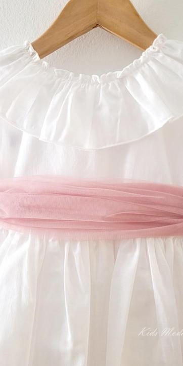 Vestido ceremonia niña blanco con fajín rosa empolvado de Eva Martínez Artesanía 38312CBG [2]