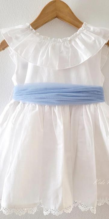 Vestido ceremonia niña blanco con fajín azul de Eva Martínez Artesanía 38312CBG