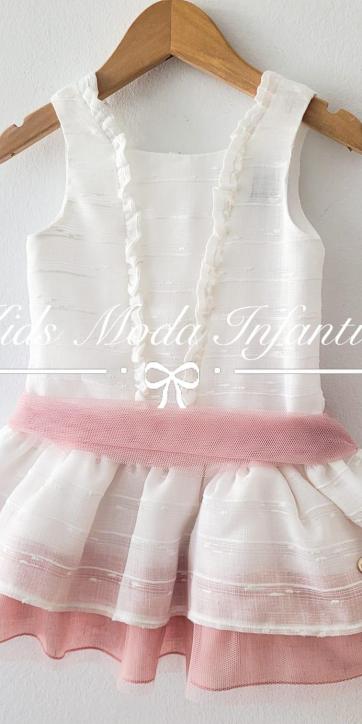 Vestido niña arras talle bajo blanco con fajín tul rosa empolvado Basmartí [1]