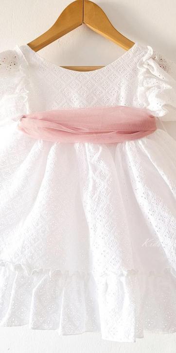 Vestido ceremonia niña blanco bordado con fajín tul rosa empolvado Nekenia 2521802 Personalizable [3]