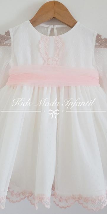 Vestido niña vestir ceremonia blanco con fajín rosa claro Eva Martínez Artesanía [1]