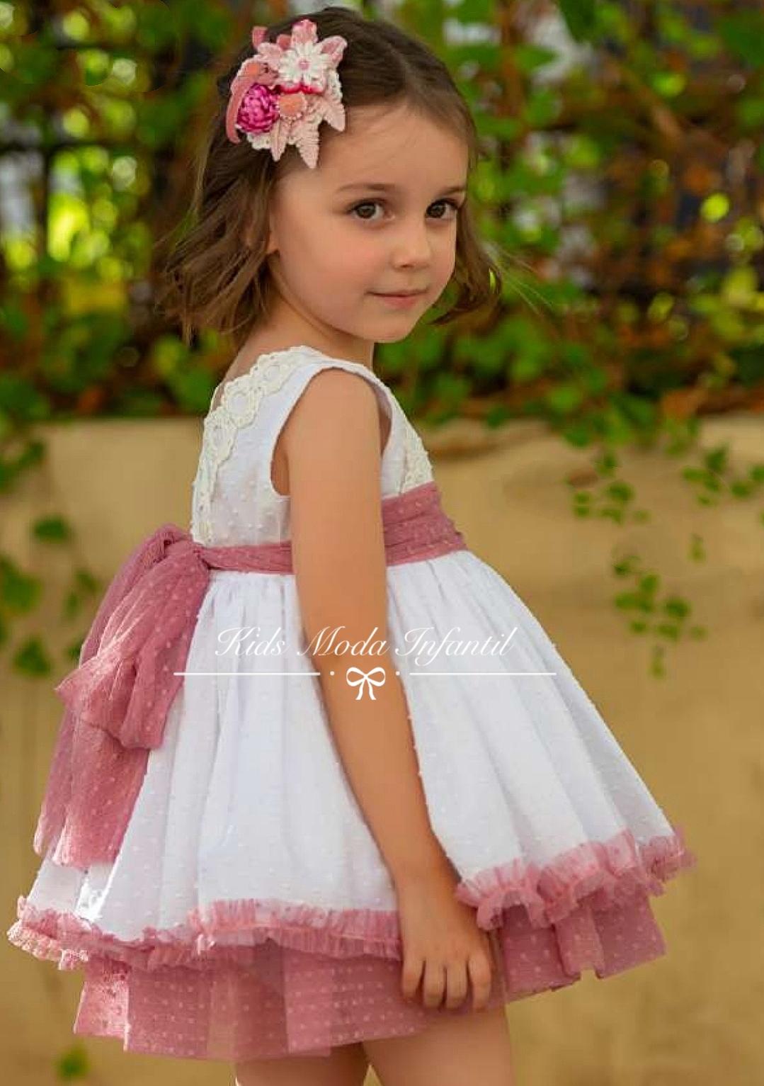 Vestido niña vestir arras blanco con tul rosa fuerte Eva Martínez Artesanía